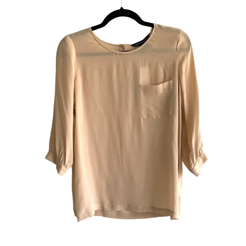 FRENCH CONNECTION Silk Crew Neck 3/4 Sleeve Blouse Front Pocket Pecan Pie Nude 0